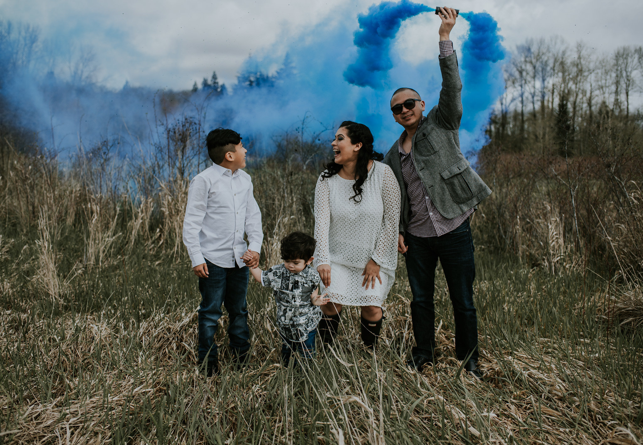 Unique Gender Reveal, Smoke Bomb Gender Reveal, It's a Boy Gender Reveal, White Dress with Bell Sleeves, Floral Crown, Blue and White Floral Crown, Smoke Bomb Reveal, Gender Reveal Ideas, Baby Shower Outfit